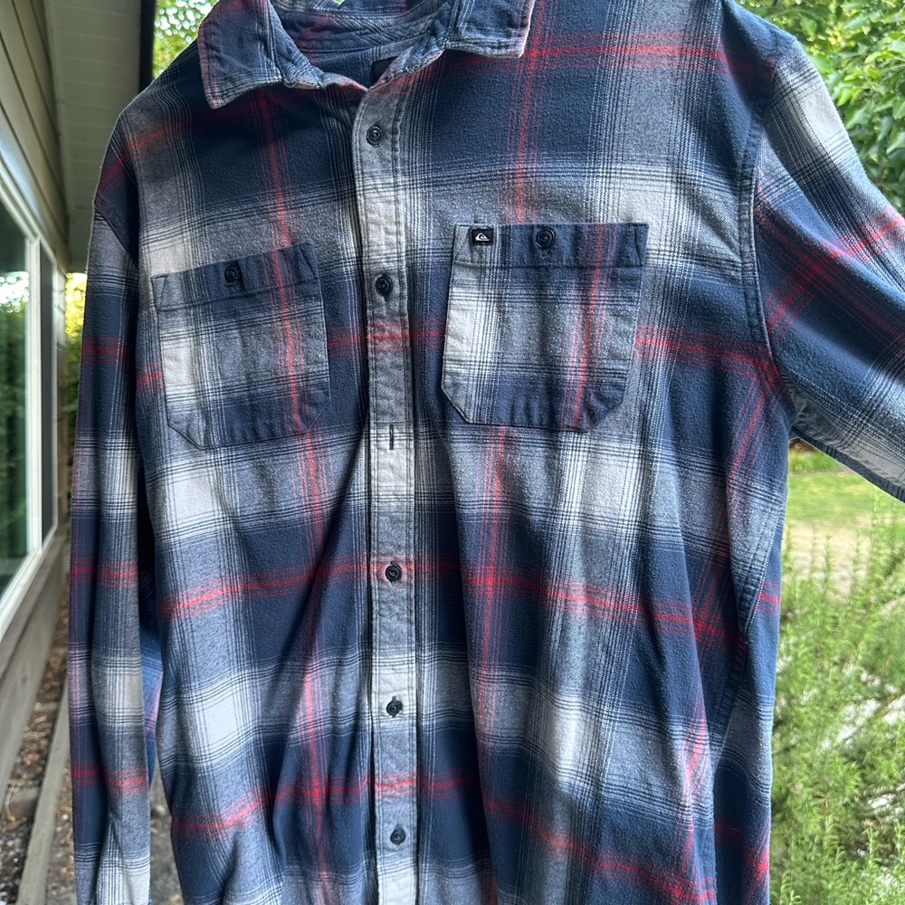Large red white and blue flannel. Worn about 10 times.
